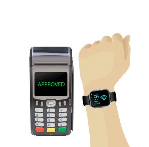POS terminal with hand and smartwatch. Payment approved by smartwatch.