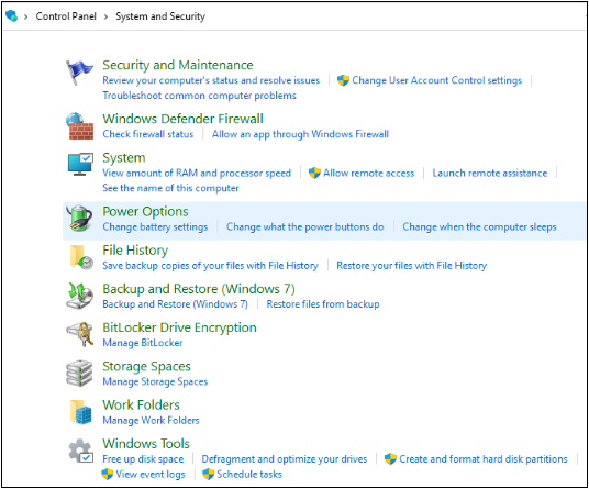 Finding Power Options in the Control Panel's System and Security menu